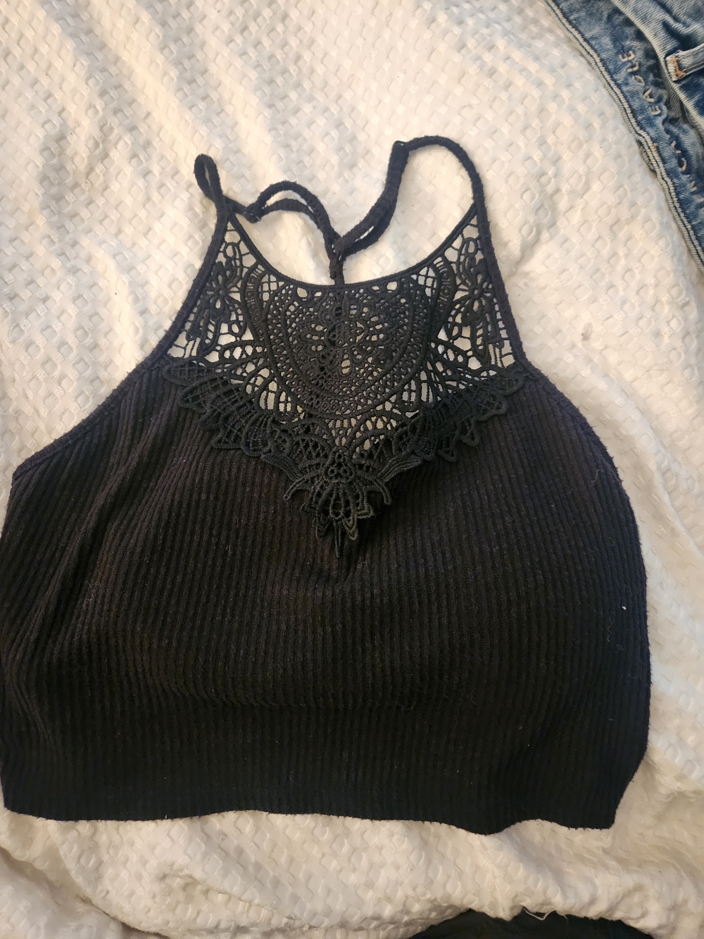SO Black Crochet Halter Ribbed Crop Top